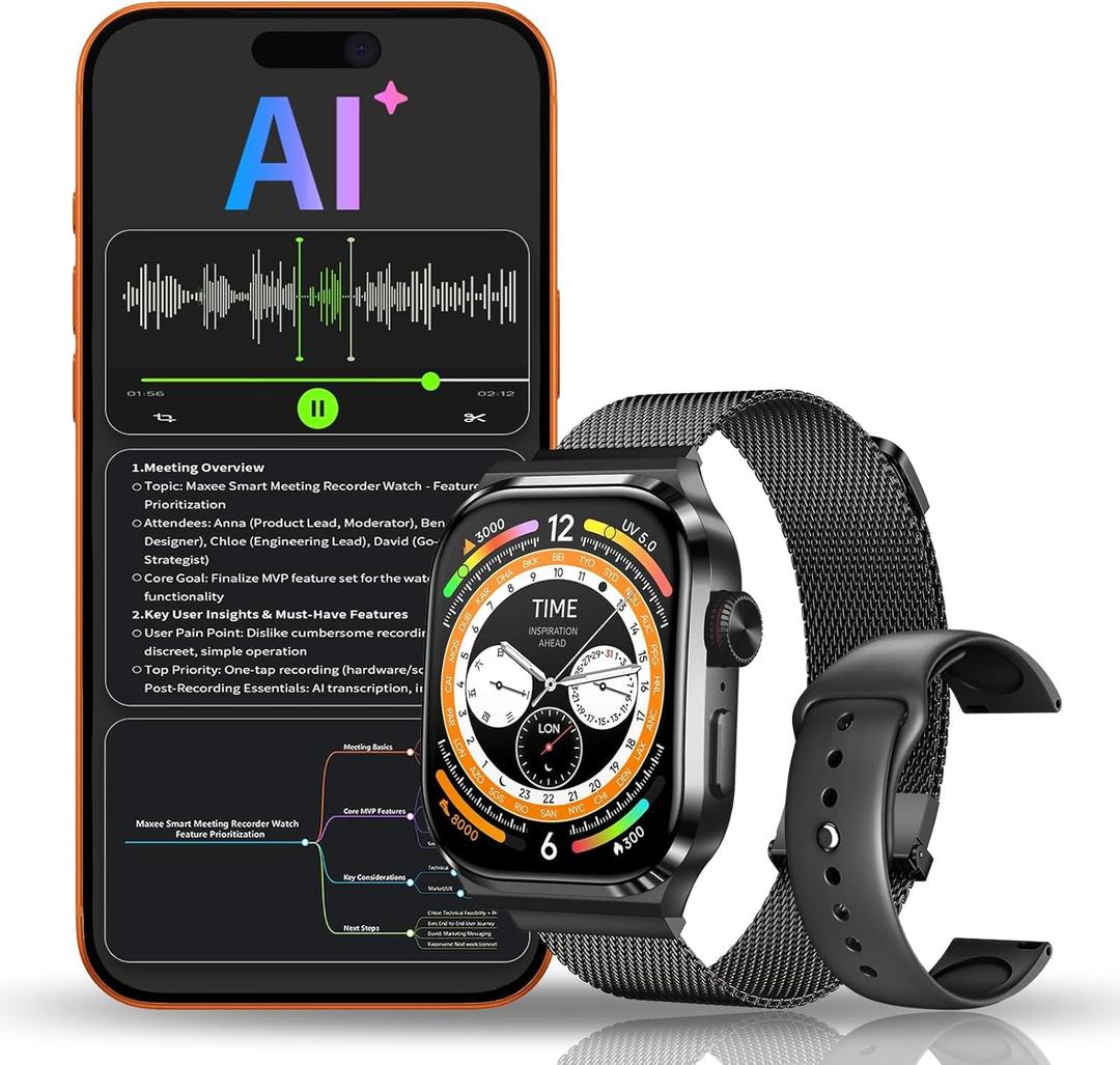 AI Smart Watch with Voice Recorder, Transcribe & Summarize with AI for Meetings, App Control, Supports 135 Languages, 2.13" AMOLED Display, Health, Fitness & Sleep Tracker, 80+ Workout Modes, Black