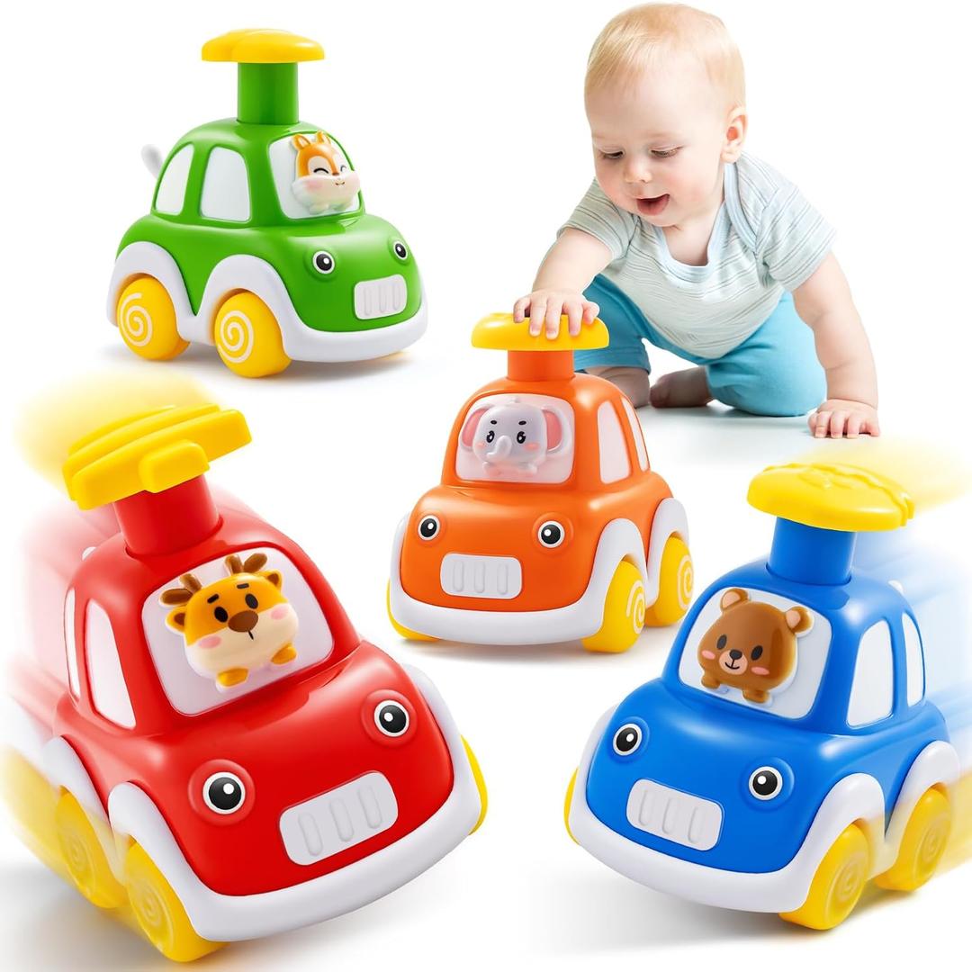 TooyBing Press and Go Car Toys for Toddlers 1-3, 4 Pack Animal Baby Car Toys for 1 2 Year Old Boy, Push Go Friction Vehicle Toys for Infants 12-18 Months, One First Birthday Gifts for Boys Girls