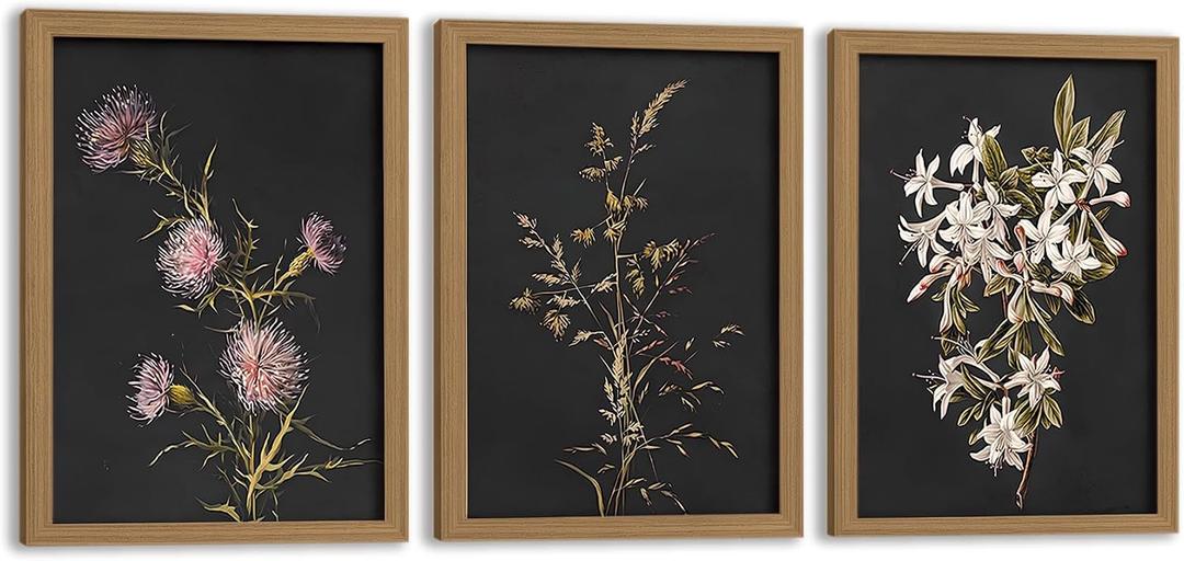 Framed 3Pcs Dark Botanical Wall Art Vintage Floral Prints 16x24 Inch
