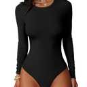 ANRABESS Women Long Sleeve Crew Neck Bodysuits Top 2025 Fall Slim Fit Ribbed Knit Soft Basic Tee Shirts Black Medium