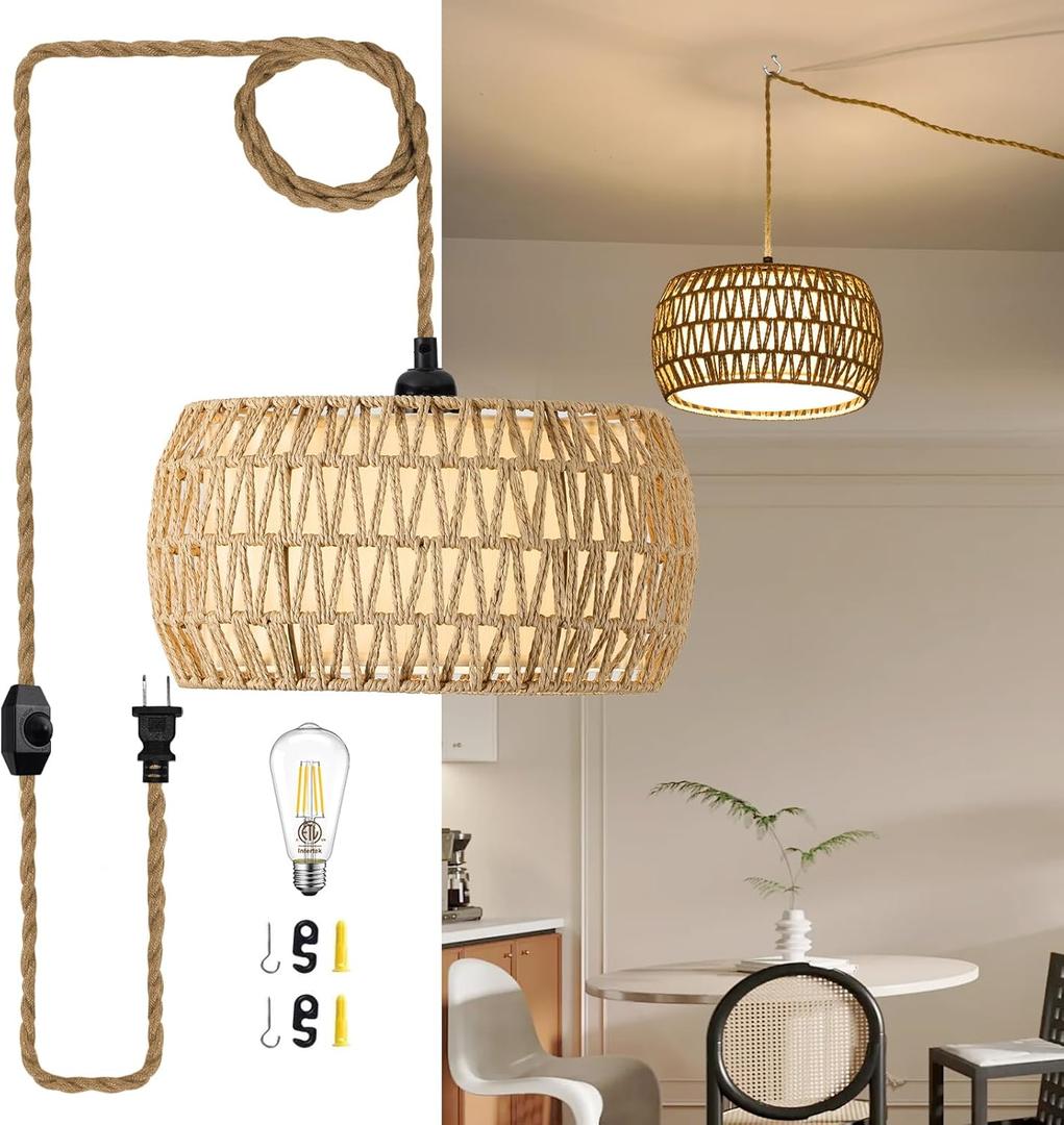 Boho Rattan Pendant Lights Farmhouse 12 Inch Plug in Chandelier Light Fixture Rustic Wicker Hand Woven Pendant Hanging Light with Cord for Dining Room Kitchen Bedroom Foyer Hallway