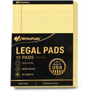 Legal Pads 8.5 x 11.75 Inch Wide Ruled Writing Pads, 12 Pack Note Pads - Yellow Perforated Paper with Hard Back, 50 Sheets Per Pad, No Bleed Notepad Paper for Office, School, Business MADE IN USA