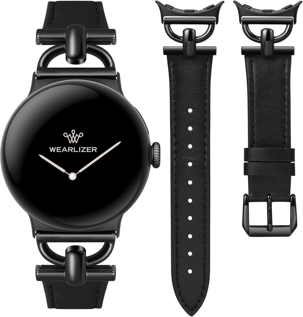 Wearlizer Leather Bands Compatible with Google Pixel Watch 4/3 41mm/Pixel Watch 2/1 Band Women, Dressy Designer Slim Leather Strap with D-Shape Metal Buckle for Pixel Smartwatch Accessories (Black/Black)