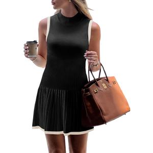Wenrine Womens Sleeveless Summer Mini Dress Mock Neck Ribbed Knit Ruffle Pleated Casual Tank Dress (X-Large, Black)