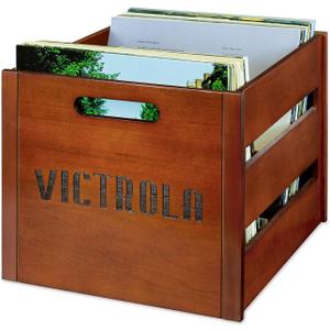 Victrola Wooden Record Crate  Tabletop Vinyl Album Holder, No-Tool Assembly, Holds Over 50 Records, Real Wood Construction, Elegant Design (Wood) (Mahogany)
