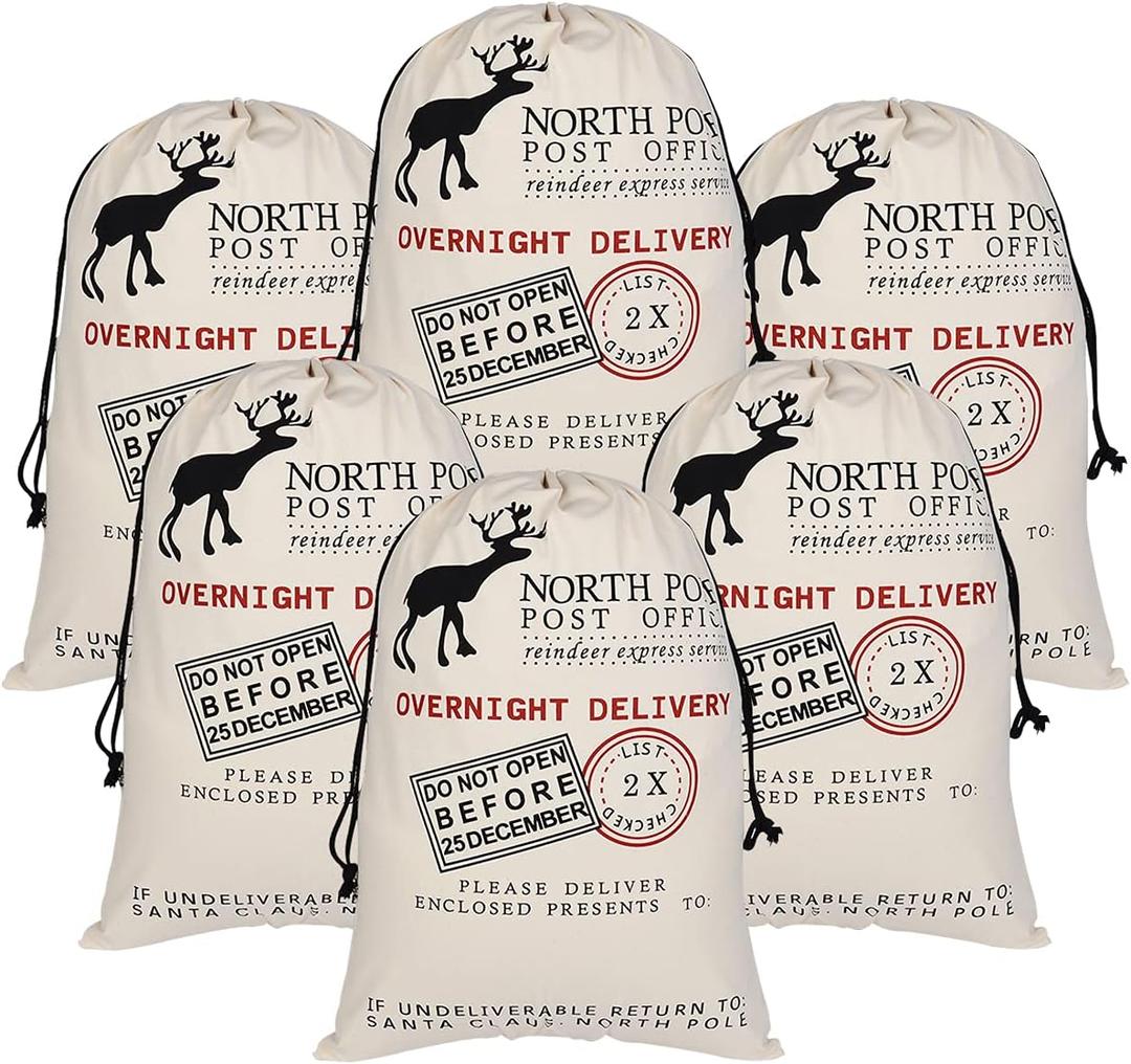 Inspireyee 6 Pack Large Christmas Bag Santa Sacks Xmas Canvas Cotton Xmas Sack Stocking with Drawstrings (Pattern 6, 19.5 X 27.5)