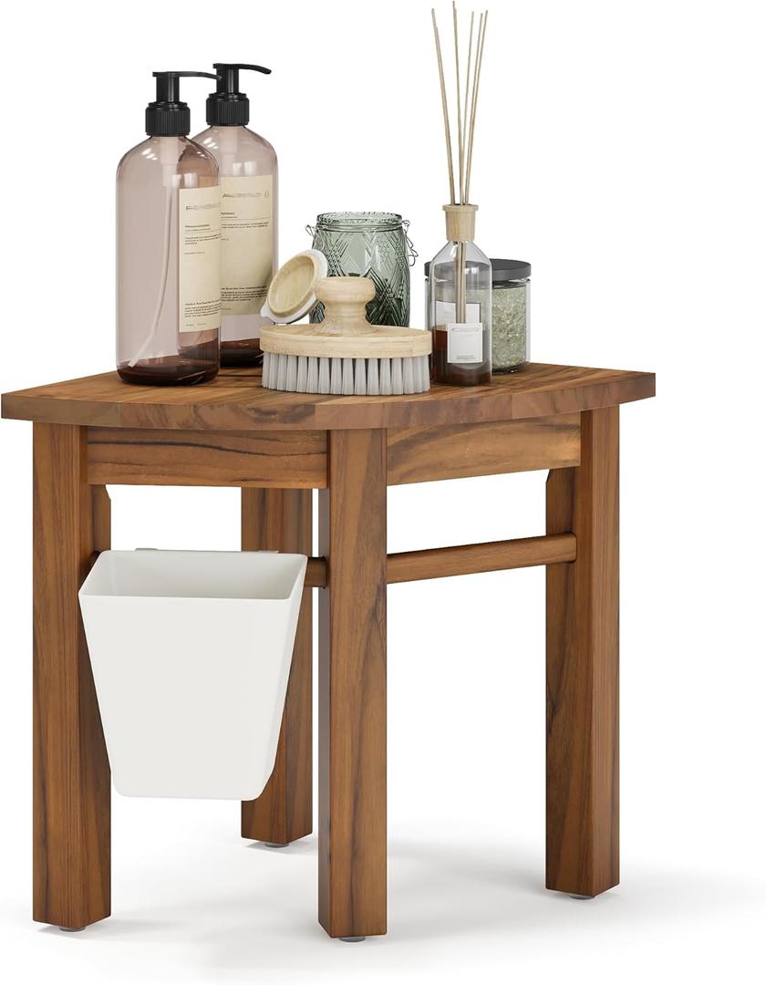 Small Teak Shower Stool for Shaving Legs, Corner Shower Stools for Inside Shower, Bathroom Foot Rest with Storage Basket for Small Shower Spaces