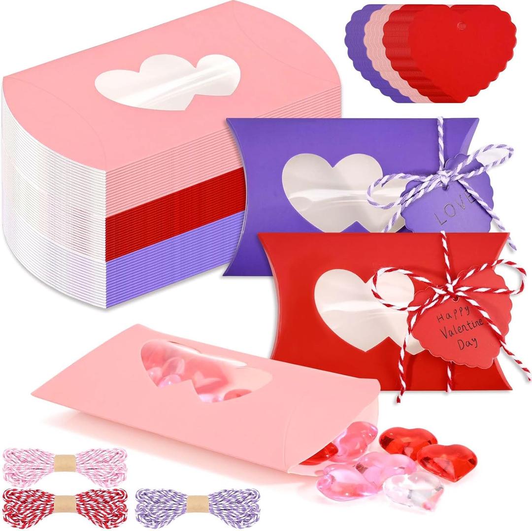 Sanixin 60Pcs Valentine's Day Treat Boxes with Gift Tags Valentines Pillow Boxes with Heart Window Valentine's Day Chocolate Cookie Boxes Candy Container for Sweets Wedding Birthday Party Supplies (Multicolor)