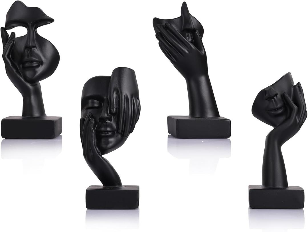 LCCCK Abstract Face Statues Set of 4  Black Thinker Style Face Sculptures for Shelf, Desk or Home Decor  Modern See No Evil Figurines  Minimalist Resin Art for Office or Gifts