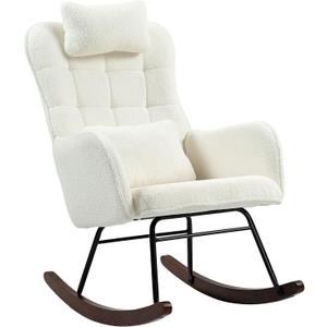 HOMCOM Upholstered Rocking Chair with Headrest and Lumber Pillow, Teddy Fleece Modern Rocker Chair with High Back, Steel Frame and Beech Wood Base for Living Room, Bedroom, Cream White