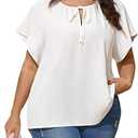 SHESTARR Plus Size Blouses for Women V Neck Short Sleeve Summer Tops Drawstring Blouse Loose Casual Flowy Shirts (White, XL)
