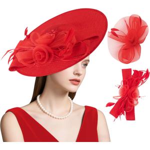 dressfan Wide Brim Fascinator Derby Hats for Women,20s Detachable Flower Hat with Headband for Derby Church Wedding Tea Party (Red, M)