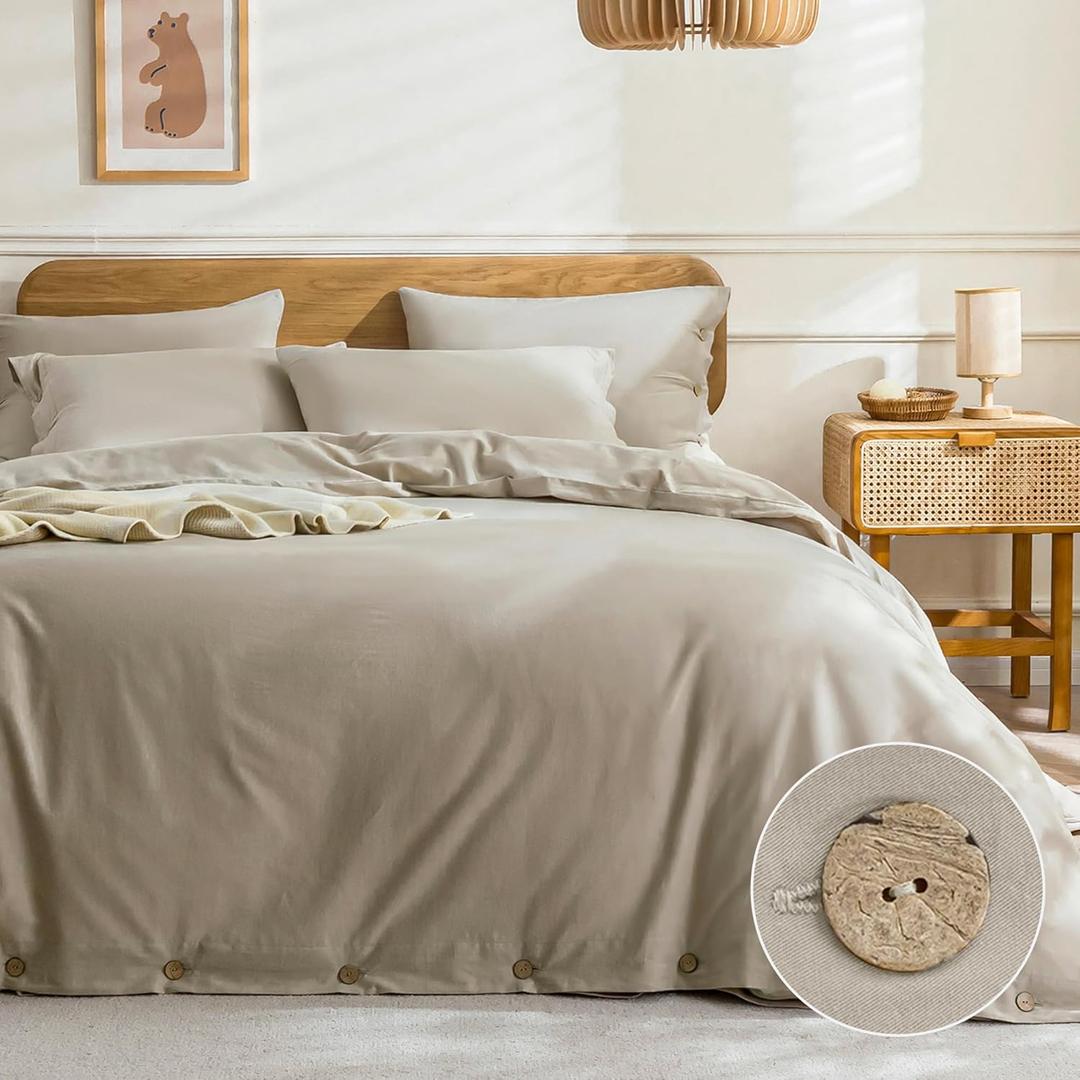 JELLYMONI Cotton Duvet Cover King Size - Linen Gray Comforter Cover with Button 100% Washed Cotton 3PCS Breathable Soft Solid Bedding Set Duvet Cover 10490in & 2 Pillowcases (NO Comforter)