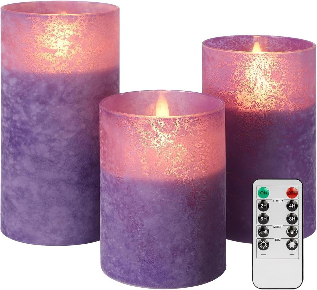 ANGELLOONG Purple LED Candles for Home Decor, Glass Flameless Candles with Remote, Set of 3 Battery Operated Pillar Candle for Fall Halloween Decoration