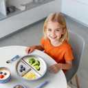 Bakpoco Stainless Steel Toddler Plate with Suction, 9 Divided Plates with Removable Silicone Sleeves for Kids, Non Toxic & BPA Free | Non Slip | Unbreakable Baby Snack Dishes Set of 2, Blue & Gray
