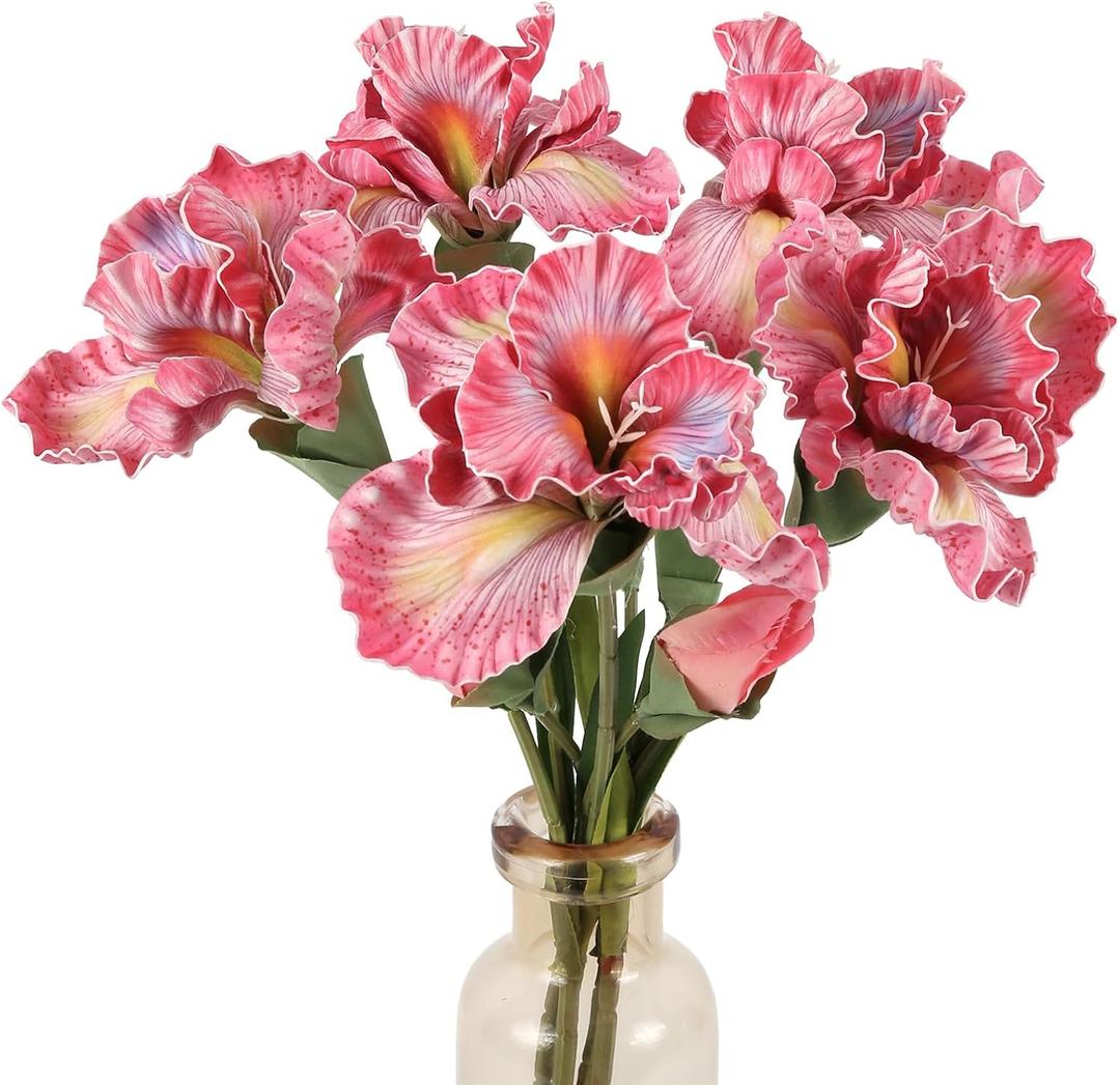 5pcs Iris Artificial Flower Real Touch PU Faux Flower 17.7" Pink Iris Flowers with Flower Bud for Home Table Centerpieces Wedding Floral Arrangements (Pink)