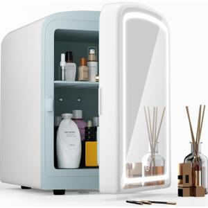 4L Mini Skincare Fridge with Dimmable LED Mirror, Portable Beauty Refrigerator for Makeup, Cosmetic, Personal Small Refrigerator with Cooler and Warmer for Bedroom, Office and Car (Pearl White)