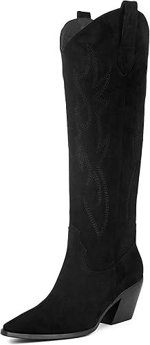 iiimmu Cowgirl Boots Women Knee High Boots Pointed Toe and Block Heel Cowboy Suede and Faux Leather Boots with Embroidered, 11, Black