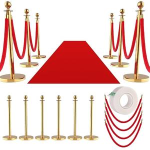 6Pcs Stanchions and Velvet Ropes with 15ft Red Carpet,Complete Crowd Control Barriers Set with 4 Red Velvet Ropes & Stainless Steel Posts for Party, Wedding, Event Supplies,Gold