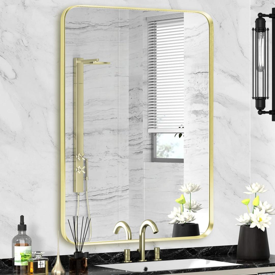 Minuover Gold Bathroom Mirror 28x36in, Metal Framed Rounded Rectangle Wall, Gold