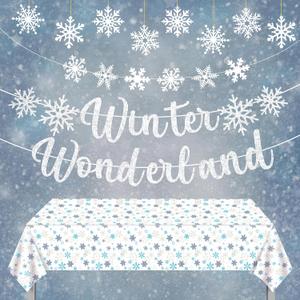 Winter Wonderland Decorations,Glitter Sliver Winter Wonderland Banner,Snowflakes Garland Hanging Ornaments with Snowflake Tablecloth for Home Christmas Frozen Party Supplies