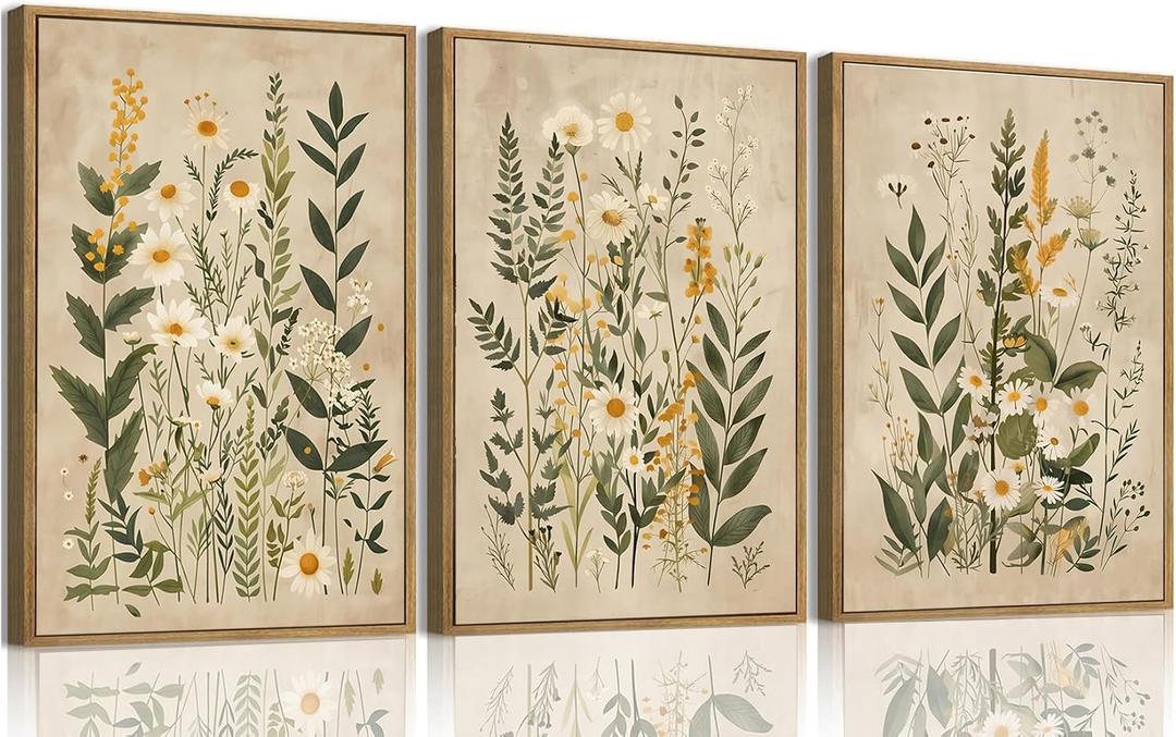 3 Piece Botanical Wall Art Framed Canvas Floral Prints Decor 16x24 inch Neutral Botanical Artwork Featuring Daisy Flowers And Green Plant Prints With Vintage Farmhouse Style For Living Room Bedroom