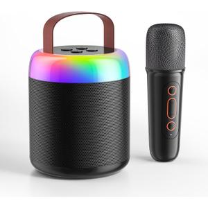 Mini Karaoke Machine for Kids, Portable Bluetooth Speaker with Wireless Microphones, Gift for Girls Toys 4, 5, 6, 7, 8, 10, 12+ Years Old Birthday Family Home Party(Y2-Black-1 Mic)
