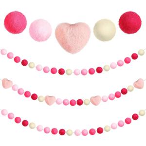 Tatuo 3 Pieces Valentines Day Felt Garlands Decorations Red Pink Heart Ball Garland Hanging Pom Pom Banners 6.56 ft Felt Garland Banner for Party Home Wall Decor(Eye-catching Colors)