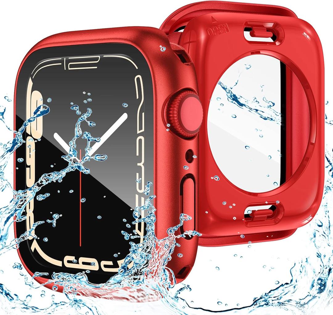 Goton 2 in 1 Waterproof Case for Apple Watch Series 9 8 7 Screen Protector 41mm, 360 Protective Glass Face Cover Hard PC Bumper + Back Frame for iWatch Accessories 41 mm (Red)