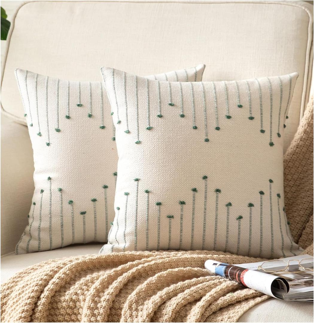 Caflife Boho Throw Pillow Covers 22x22 Set of 2 Decorative Pillows for Bed, Neutral Pillow Covers Beige with Green Line Throw Pillows for Modern Farmhouse Couch Sofa Living Room Outdoor, Green Beige