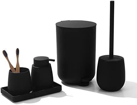 GAHEFY Black Bathroom Accessories Set with Small Trash Can 3 Liter/0.8 Gallon,Toothbrush Holder,Soap Dispenser,Vanity Tray,Toilet Brush and Holder Black 5pcs