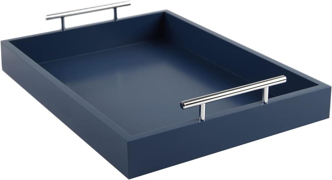 JJSQYLAN Wooden Serving Tray with Handles Rectangle Breakfast Tray for Coffee Table Decorative Ottoman Tray 16x 12 for All Occasion's (Blue)