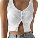 COZYEASE Women's Button Front Ribbed Knit Crop Tank Top Scoop Neck Sleeveless Casual Plain Crop Top (White)