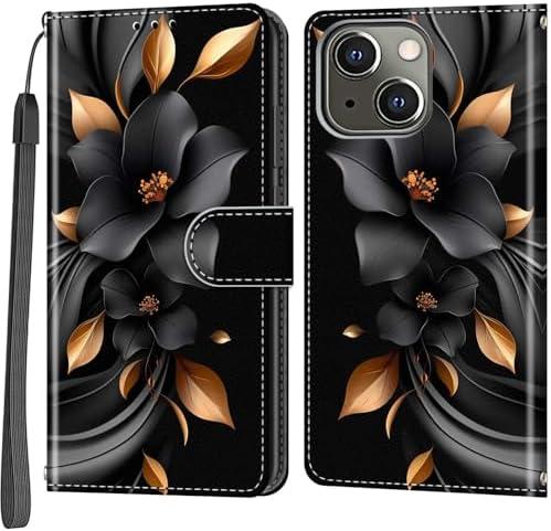 Haninsuze Wallet for iPhone 14 Case & iPhone 13 Case, [Kickstand] 3 Card Holder Stand [Shockproof TPU Interior Shell], PU Leather Magnetic Protective Flip Cover 6.1", Black Flower