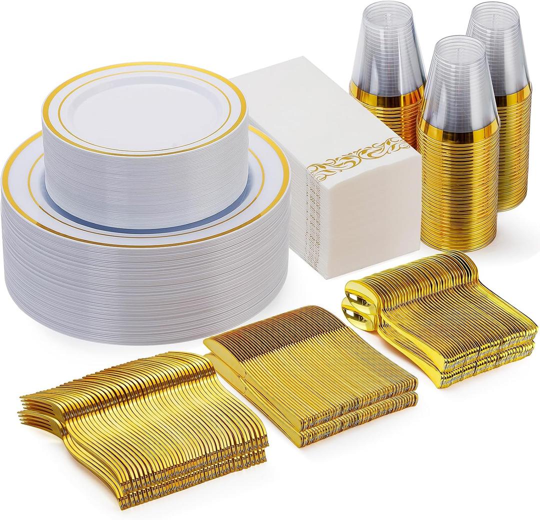 Goodluck 350 Pieces Gold Dinnerware Set for 50 Guests, Plastic Plates Disposable for Party, Include: 50 Gold Rim Dinner Plates, 50 Dessert Plates, 50 Paper Napkins, 50 Cups, 50 Gold Silverware Set