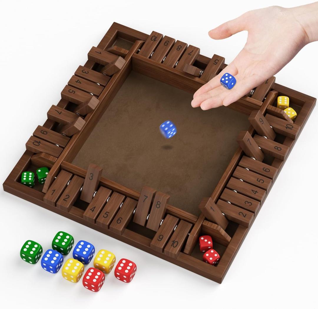 Shut The Box Game Wooden 1 2 3 4 Players Shut The Box Board Games with 8 Dice Math Addition and Pub Close The Box Game Wooden for Kids & Adults 12 Inch (Brown)