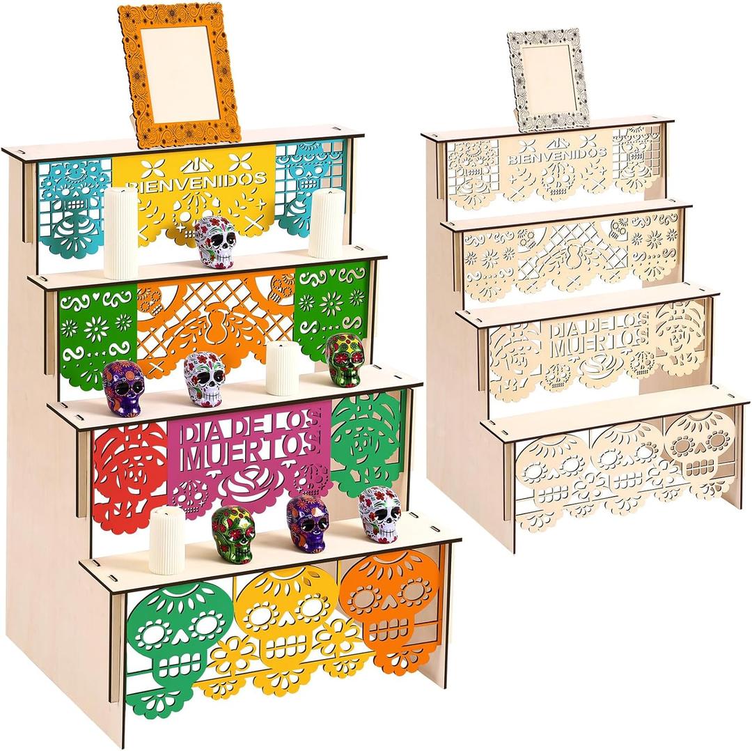 Yalikop 35.4 Inch Large Day of The Dead Altar Ofrenda Wooden Sugar Skull Box Set with Photo Frame Dia De Los Muertos Altar Supplies Memorial Shadow Gift for Day of The Dead Home Party Decoration