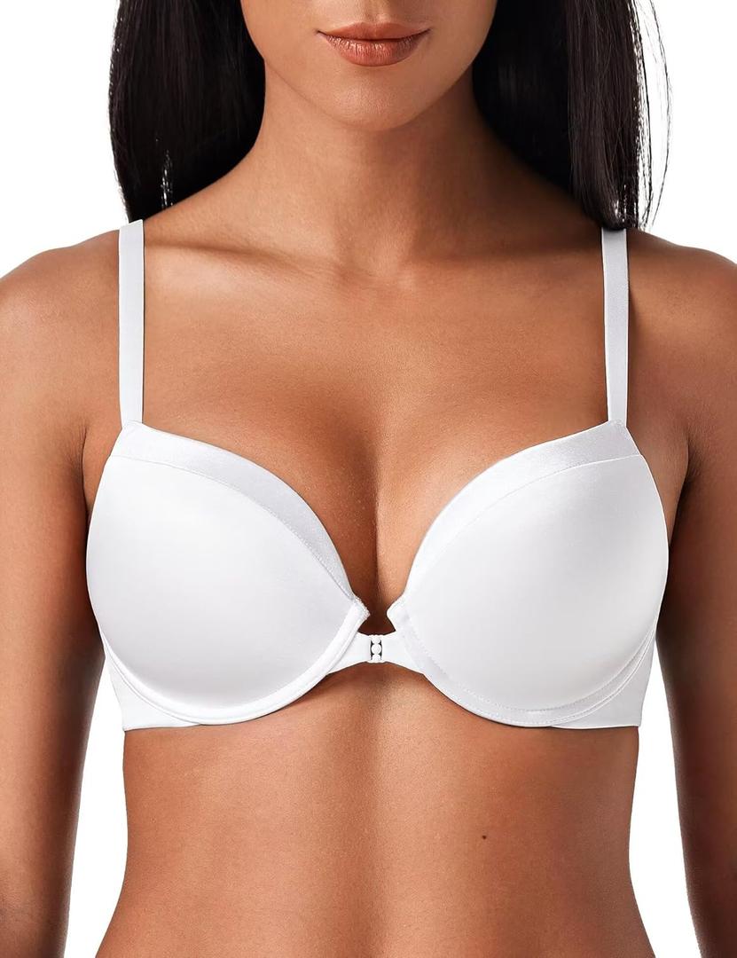 Deyllo Women's Push Up Bra Deep V Underwire Bra Full Coverage Lightly Padded Bras (White)
