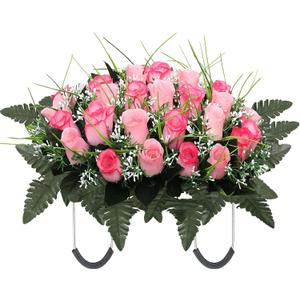 Artificial Cemetery Flower Headstone Flower Saddle Grave Rose Flowers for Cemetery Non-Bleed Colors Windpoof (Pink)