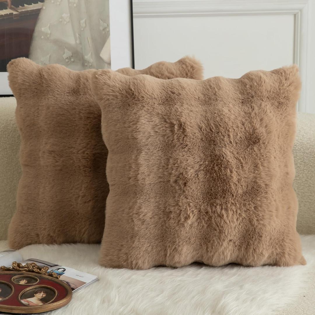 MANDIOO Pack of 2 Thick Plush Wool Decorative Throw Pillow Covers Super Soft Wave Bubble Fur Velvet Cushion Covers Pillow Shams for Couch Bed Living Room 22x22 Inch Camel