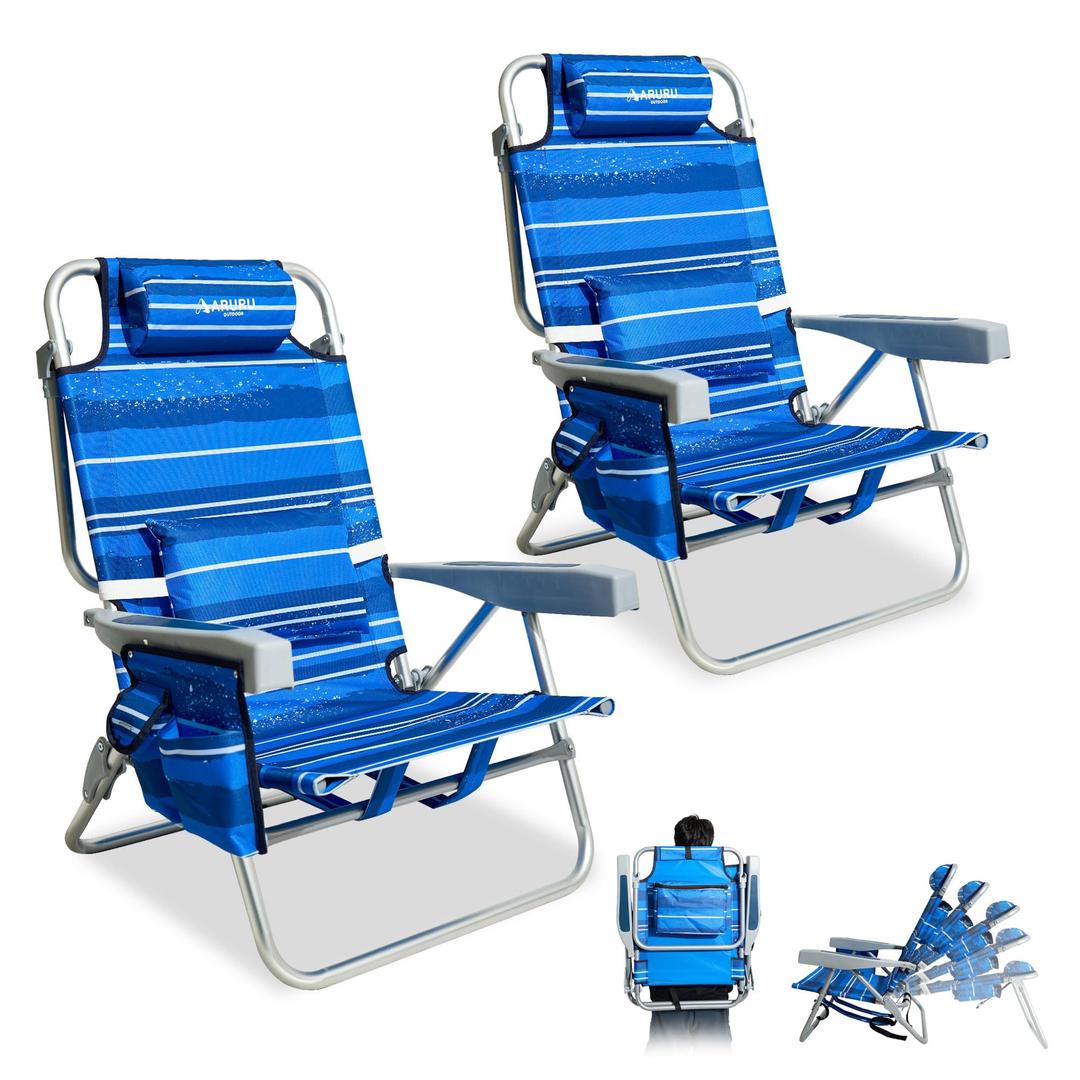 ARURU Beach Chairs for Adults 2 Pack, Portable Folding Backpack Beach Chair Heavy Duty 5-Position Lay Flat with Cooler Bag, Cup Holder for Outdoor/Lawn/Picnic/Camping