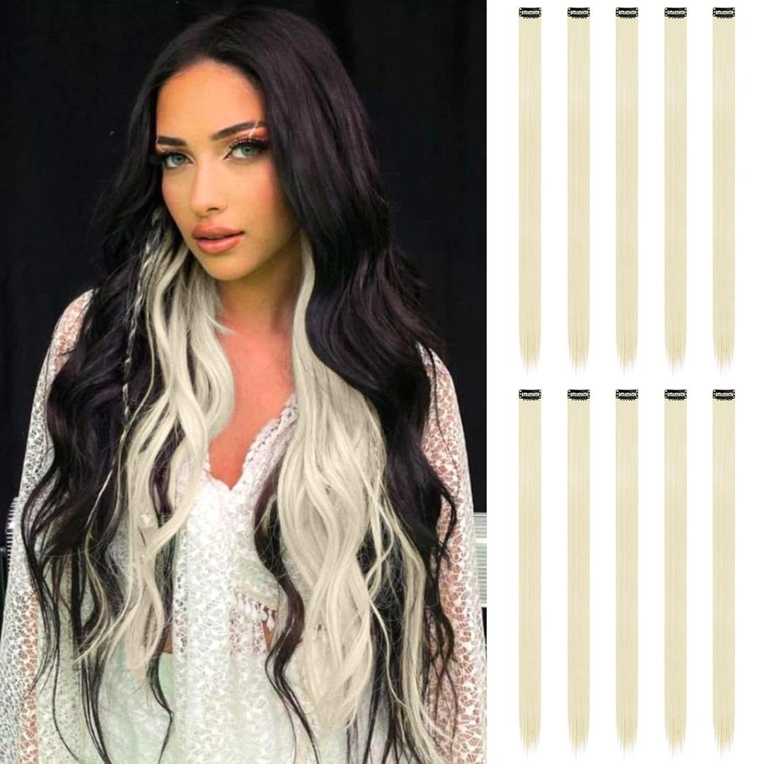 FESHFEN Colored Clip in Hair Extensions - 10 PCS Beige Blonde Highlighted Hair Piece Straight Synthetic Clip in Hairpieces for Women 22 inch