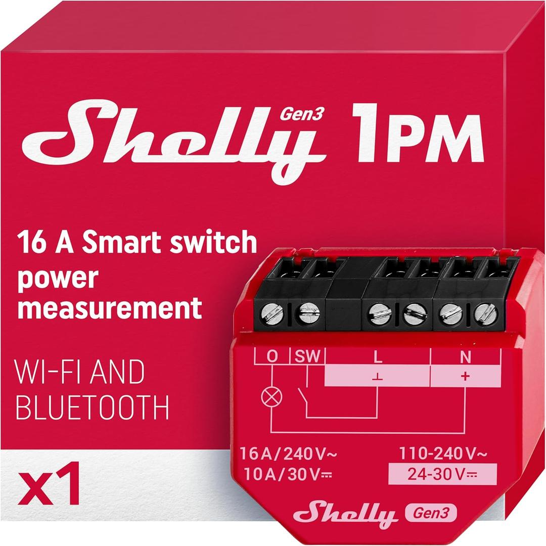 Shelly 1PM Gen3 | WiFi Smart Relay Switch with Power Metering, 1-Channel 16A | Home Automation | Compatible with Alexa & Google Home | iOS Android App | No Hub | Wireless Lighting Control