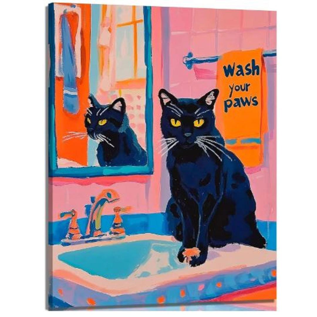 Funny Black Cat Canvas Wall Art Wash Your Little Paws Trendy Cat Painting Picture Wall Decor Colorful Cute Cat Poster Print Artwork for living room bedroom toilet bathroom Home Decoration, 24x16