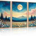 HOURIA 3Pcs Nature Mountain Forest Landscape Canvas Wall Art (16"x24"), Abstract Mystical Moonlight Wildflowers Wall Decor,Framed Colorful Wilderness Field Botanical Art Print for Bedroom Office Living Room Farmhouse (Multicolored)
