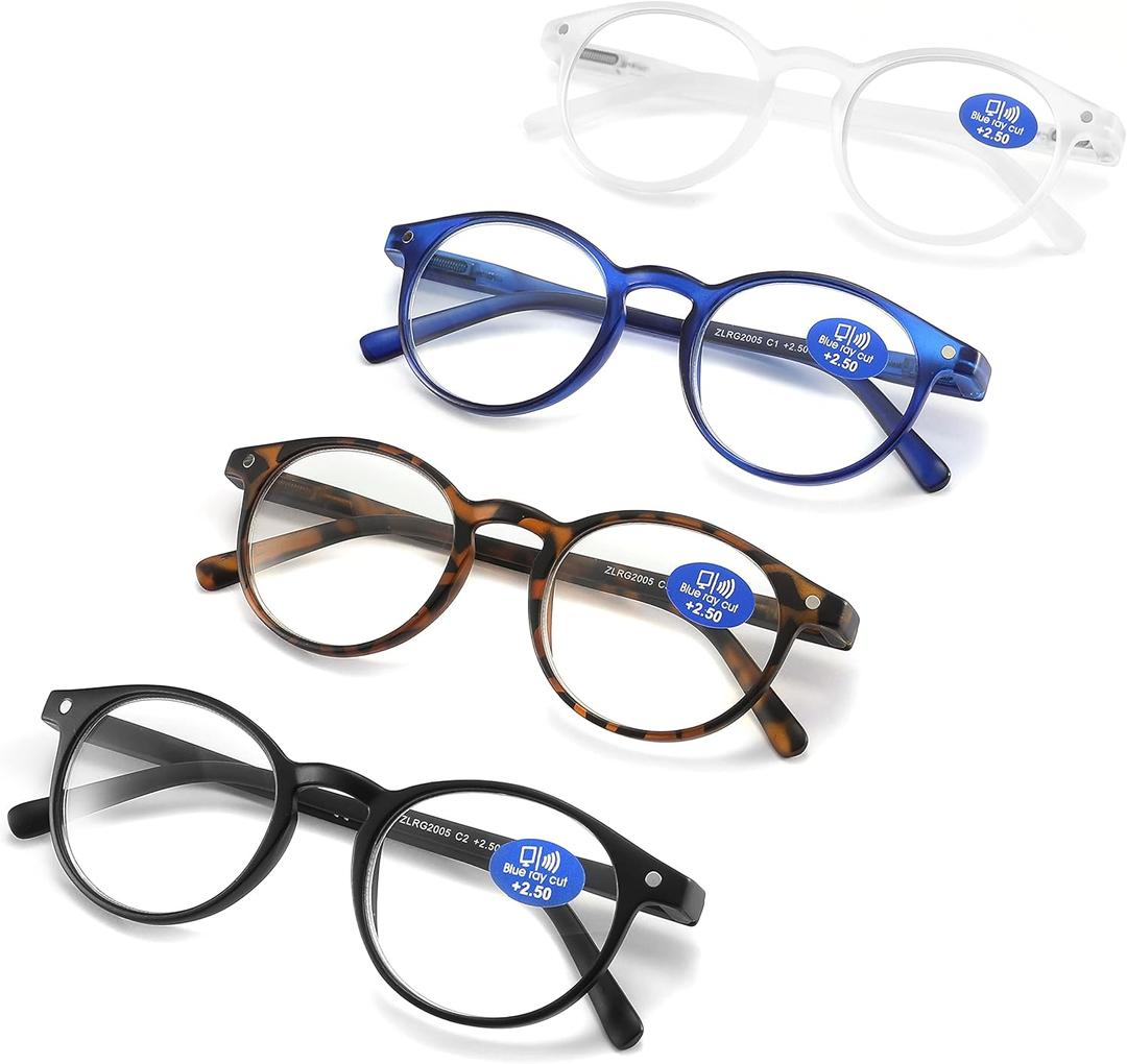 Reading Glasses Blue Light Blocking - Spring Hinges Round Eyeglasses for Men Women,4 Pairs Mix Color Anti Glare Filter Lightweight Readers with Pouches (4 Pairs Mix Color, 3.00)