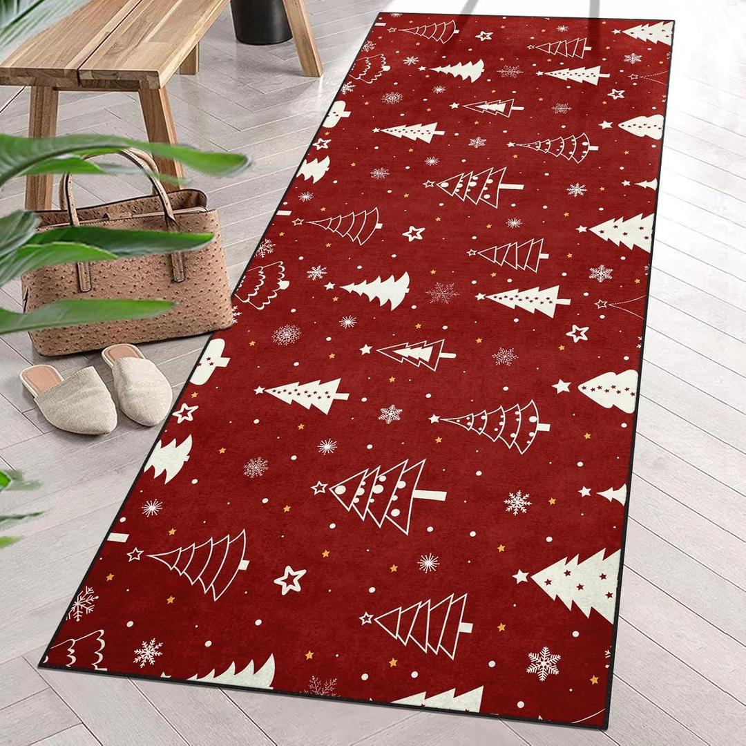 White Christmas Trees on Red Kitchen Mats for Floor, Rubber Backed Kitchen Rugs Non Slip Washable, 48"x17" Super Absorbent Kitchen Runner Rug, Kitchen Floor Mat Front of Sink