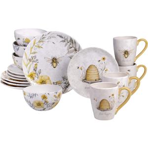 Bee Sweet 16-Piece Ceramic Dinnerware Set  Service for 4, Farmhouse Bee and Floral Design, Includes 4 Dinner Plates, 4 Salad Plates, 4 Bowls, 4 Large Mugs  Microwave & Dishwasher Safe