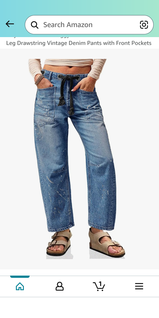 Cicy Bell Womens Baggy Barrel Horseshoe Jeans Wide Leg Drawstring Vintage Denim Pants with Front Pockets Large