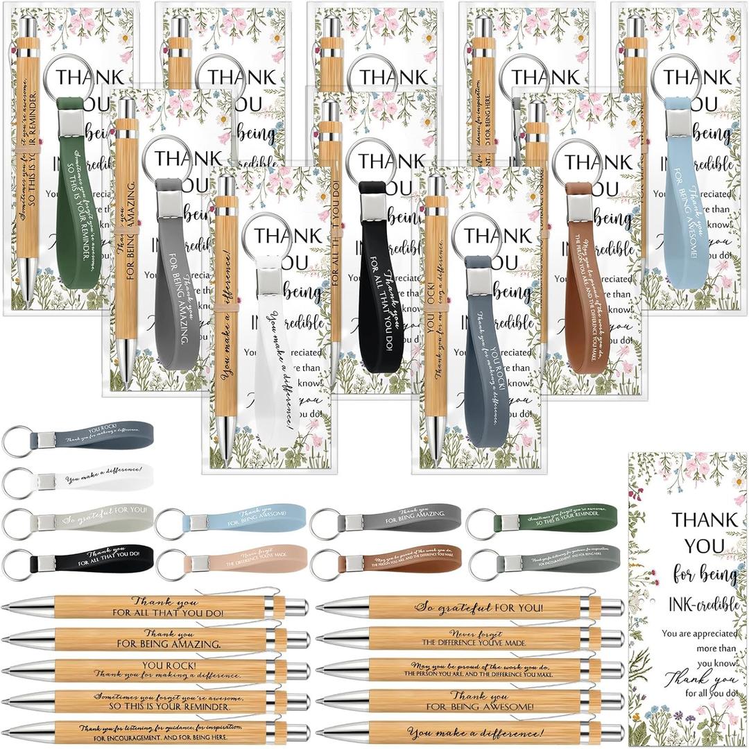 Geyoga 30 Sets Employee Appreciation Gifts Bulk Inspirational Bamboo Pen and Silicone Keychain with Card for Coworker Teacher Student